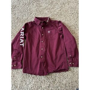 Ariat Shirt Boys Size XS (7) Logo Burgundy Western Rancher Button Down Shirt